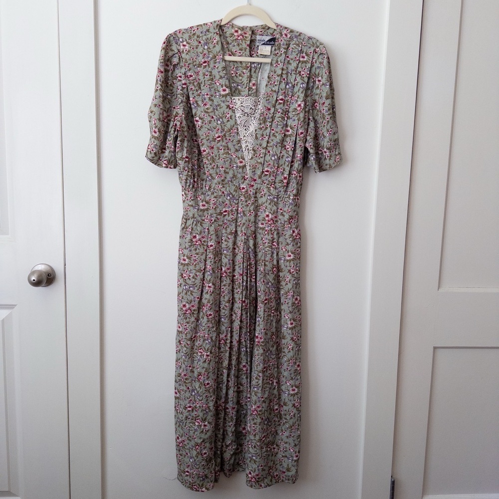 VTG‎ Sage Green Floral Maxi Dress 14 Prairie Cottage Modest Romantic Lace Boho